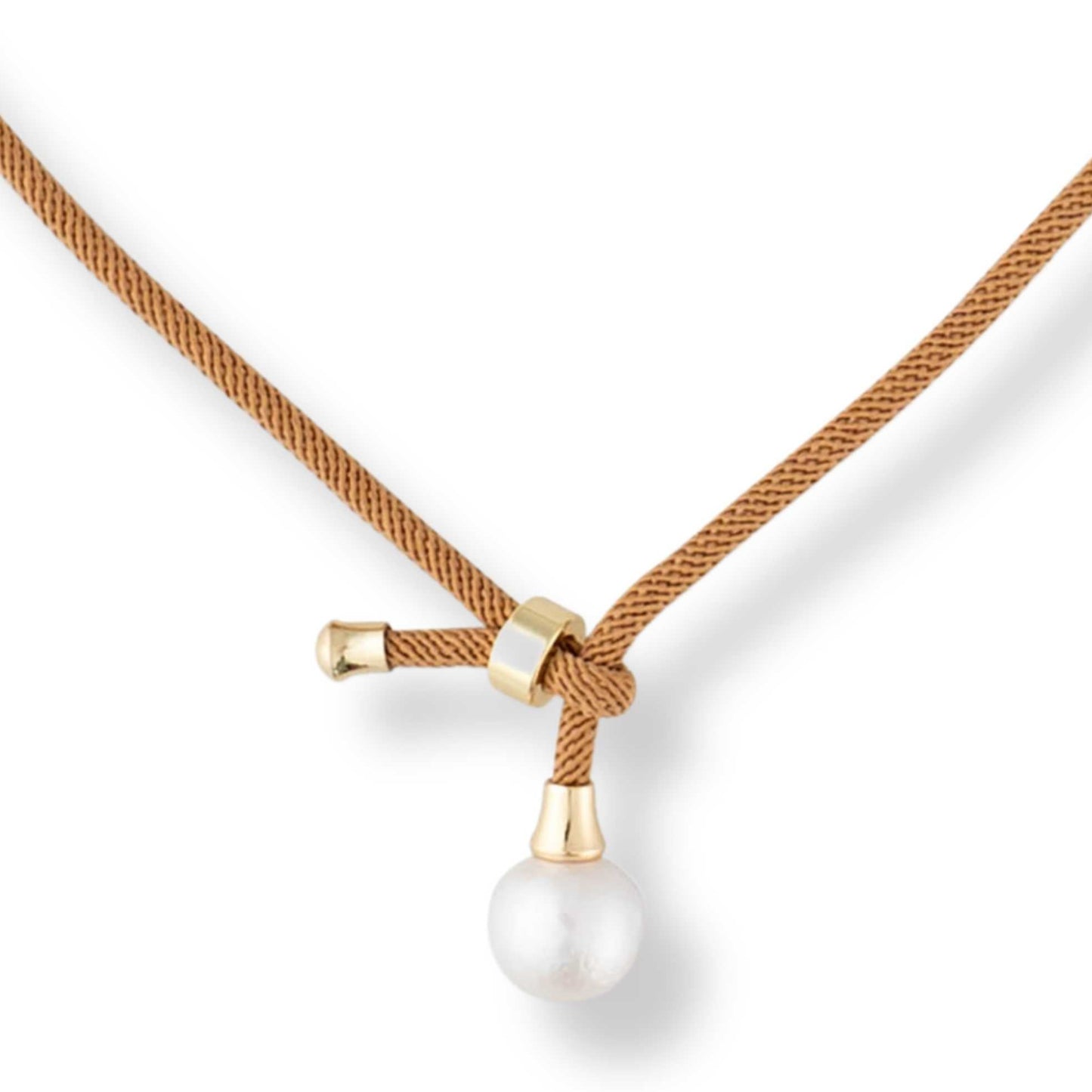 White Pearl  on Camel Color  Rope Necklace