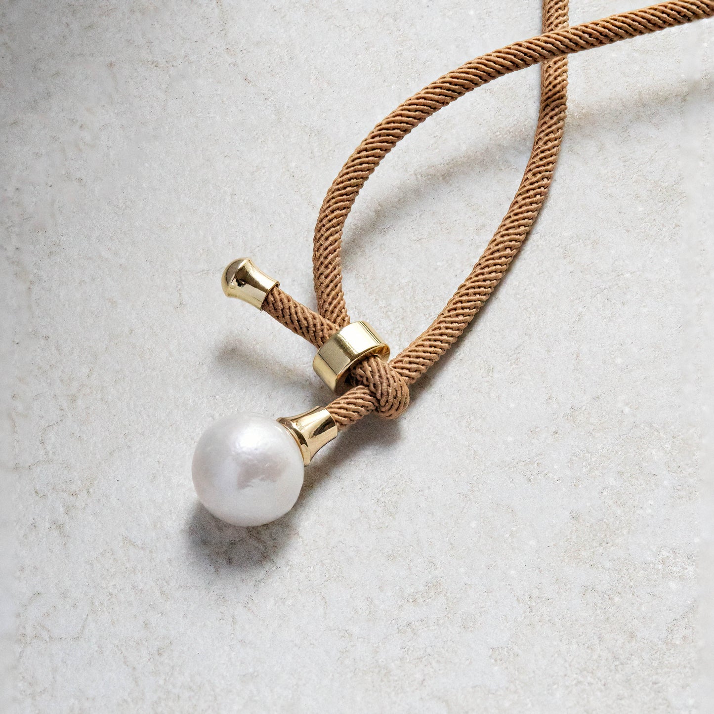 White Pearl  on Camel Color  Rope Necklace