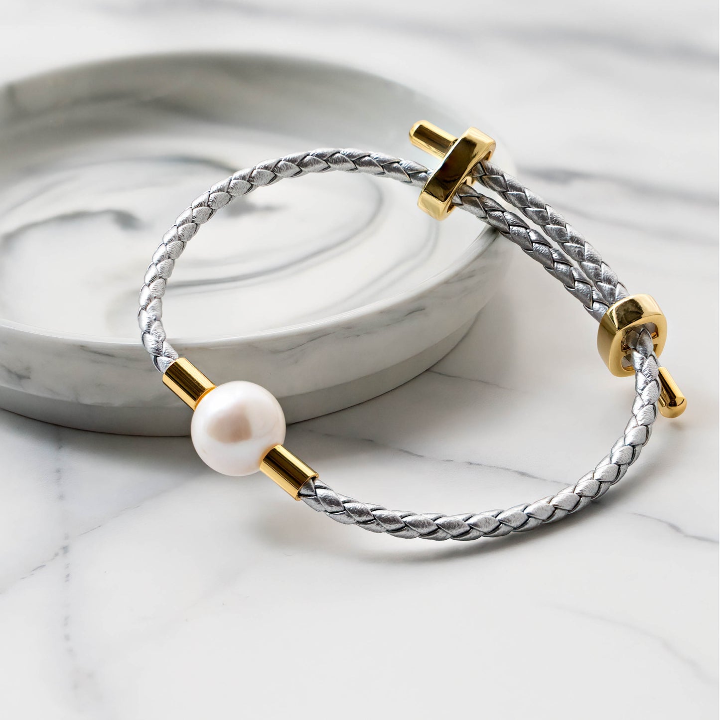 Single Pearl and Vegan Leather Bracelet, White and Gray