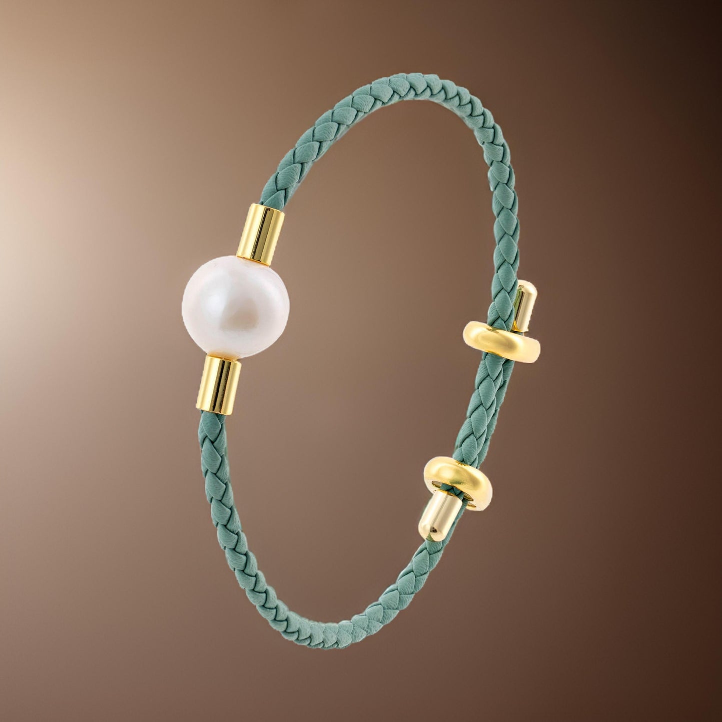 White Pearl on Mint Color Vegan Leather Bracelet