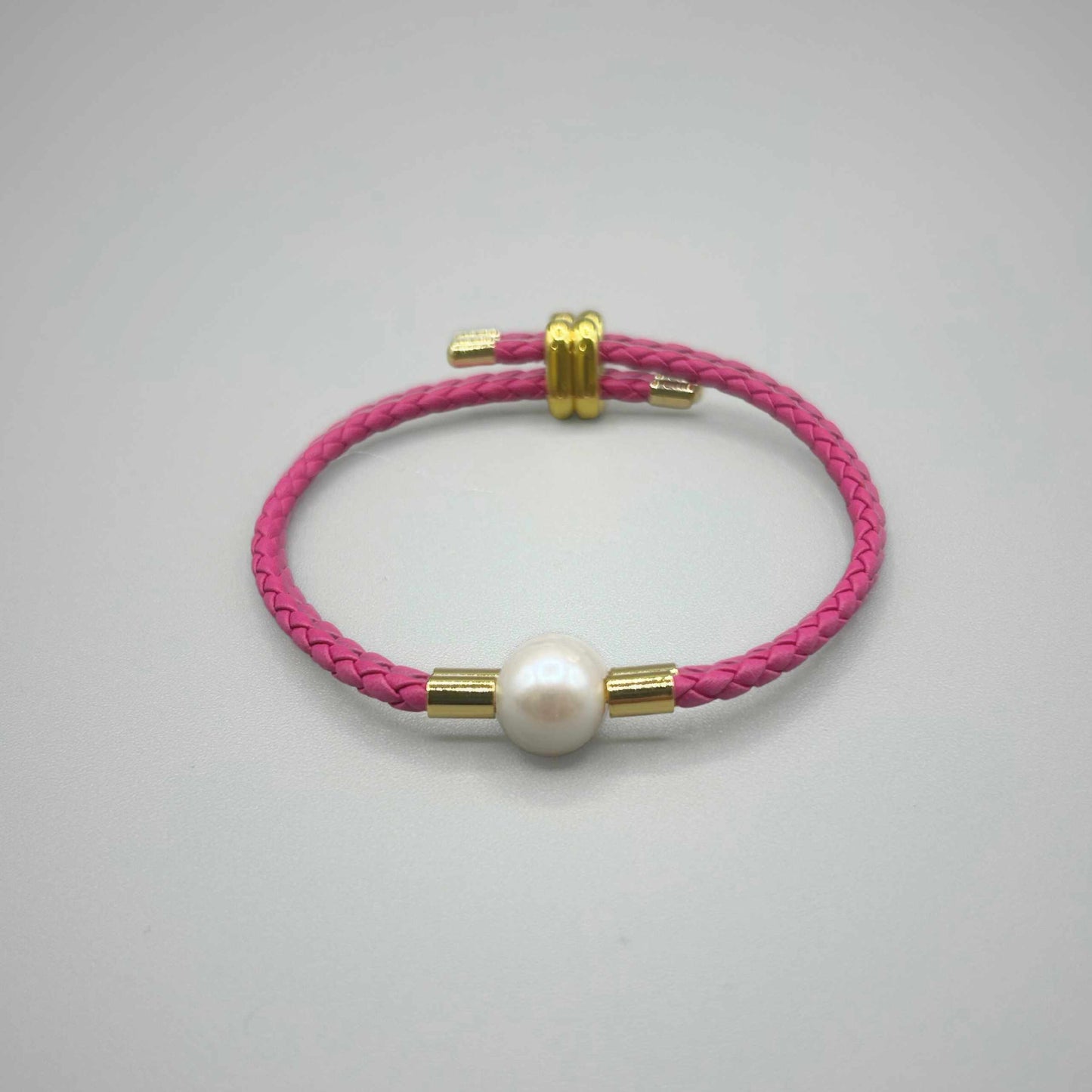 Single Pearl and Vegan Leather Bracelet, White Pearl on Watermelon Pink